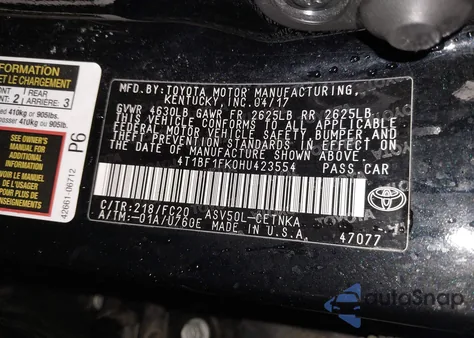 2017 Toyota Camry Le из США, поврежденный, VIN 4T1BF1FK0HU423554